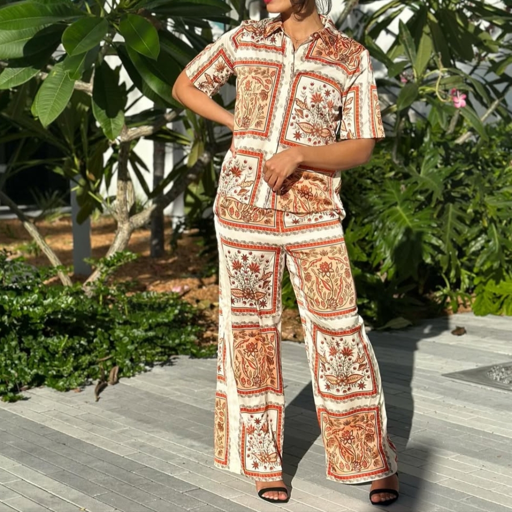 RACHEL ZOE White Orange Satin Wide Leg Pants Suit Small